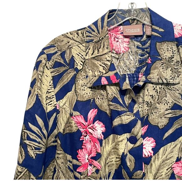 Chico's Tropical Linen Button Topper Size 2 (Womens Large) Blue & Pink Hawaiian - Picture 2 of 6